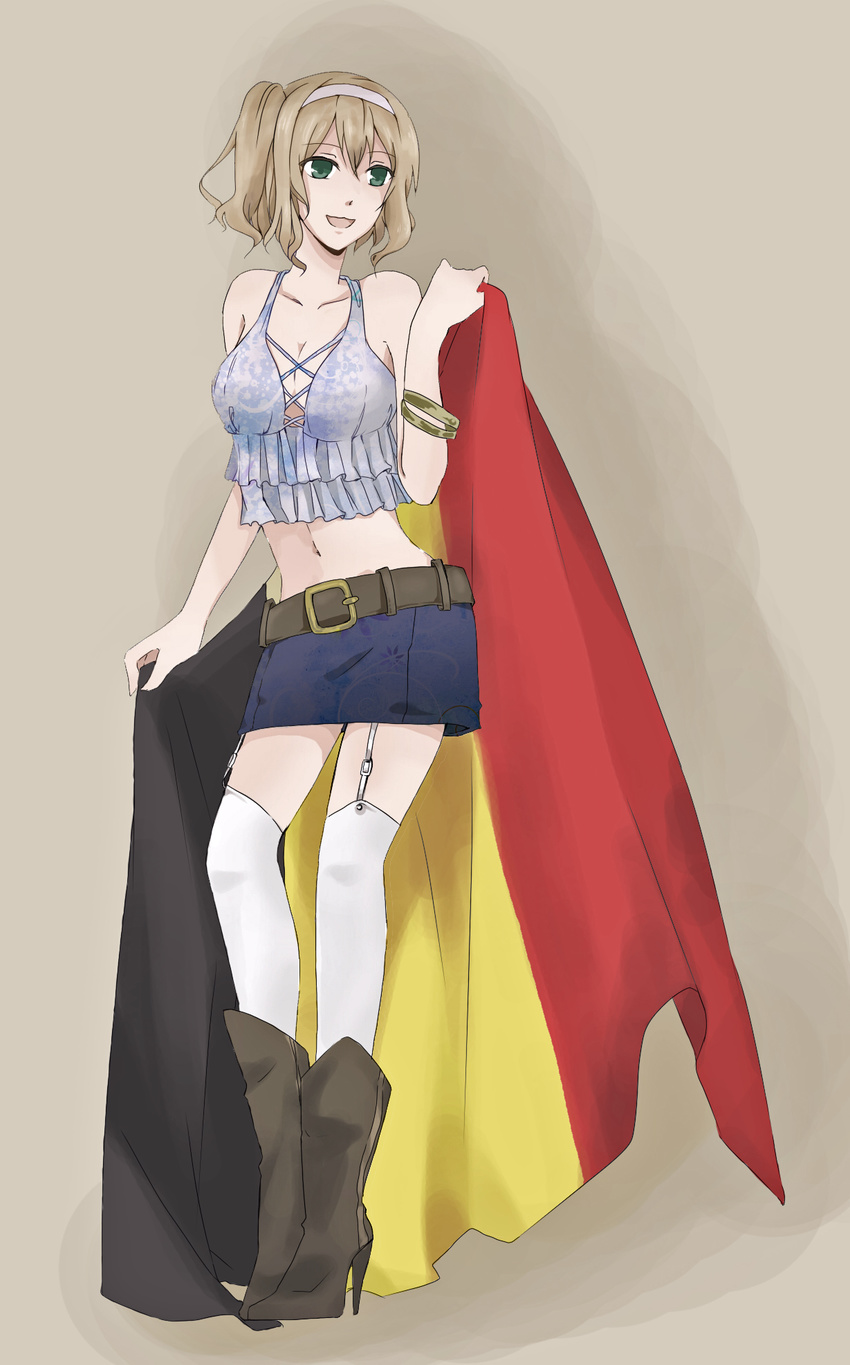 :3 alternate_hairstyle axis_powers_hetalia belgian_flag belgium_(hetalia) blonde_hair boots bracelet breasts cleavage crystal_maiden_(artist) garter_straps green_eyes hairband highres jewelry medium_breasts midriff miniskirt ponytail skirt solo thighhighs