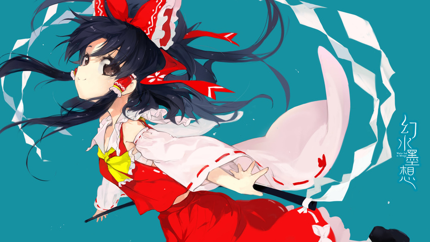 ascot black_hair bow brown_eyes detached_sleeves face gohei hair_bow hair_tubes hakurei_reimu highres kurudaz long_hair sarashi smile solo touhou