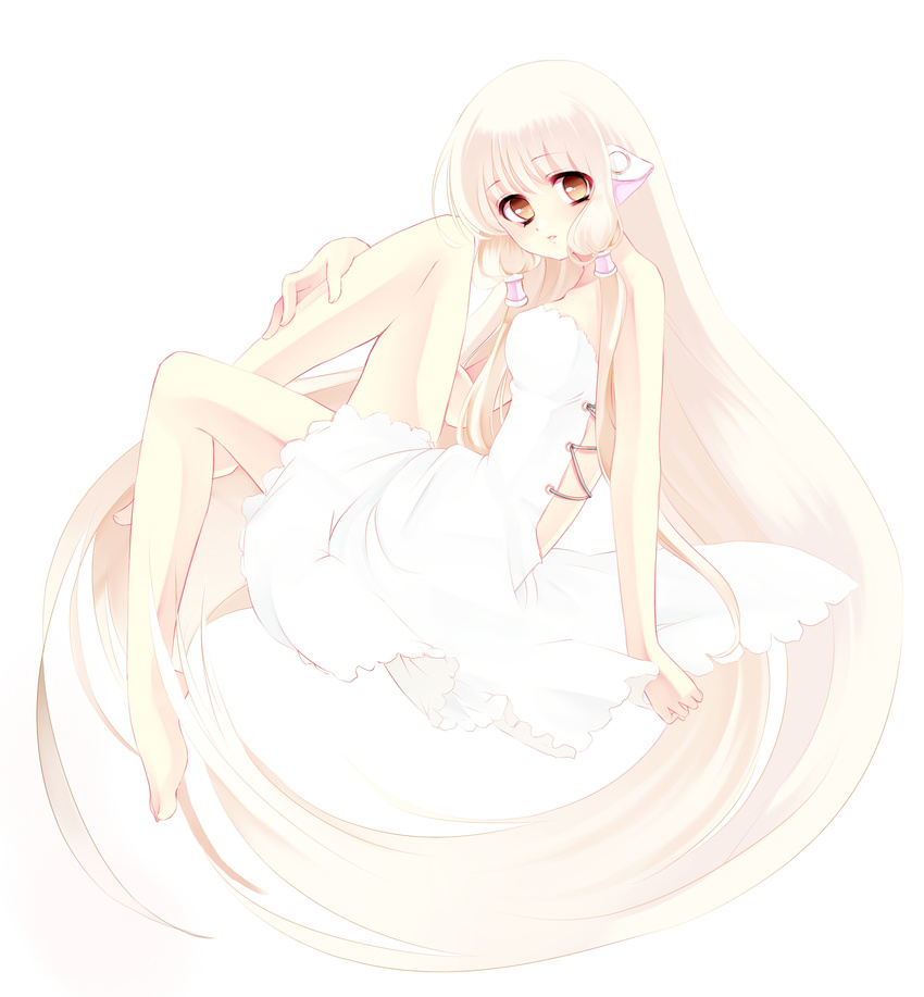 bad_id bad_pixiv_id bare_shoulders barefoot blonde_hair chii chobits fetal_position full_body hand_on_leg highres kurabayashi long_hair looking_at_viewer plantar_flexion robot_ears simple_background solo very_long_hair white white_background