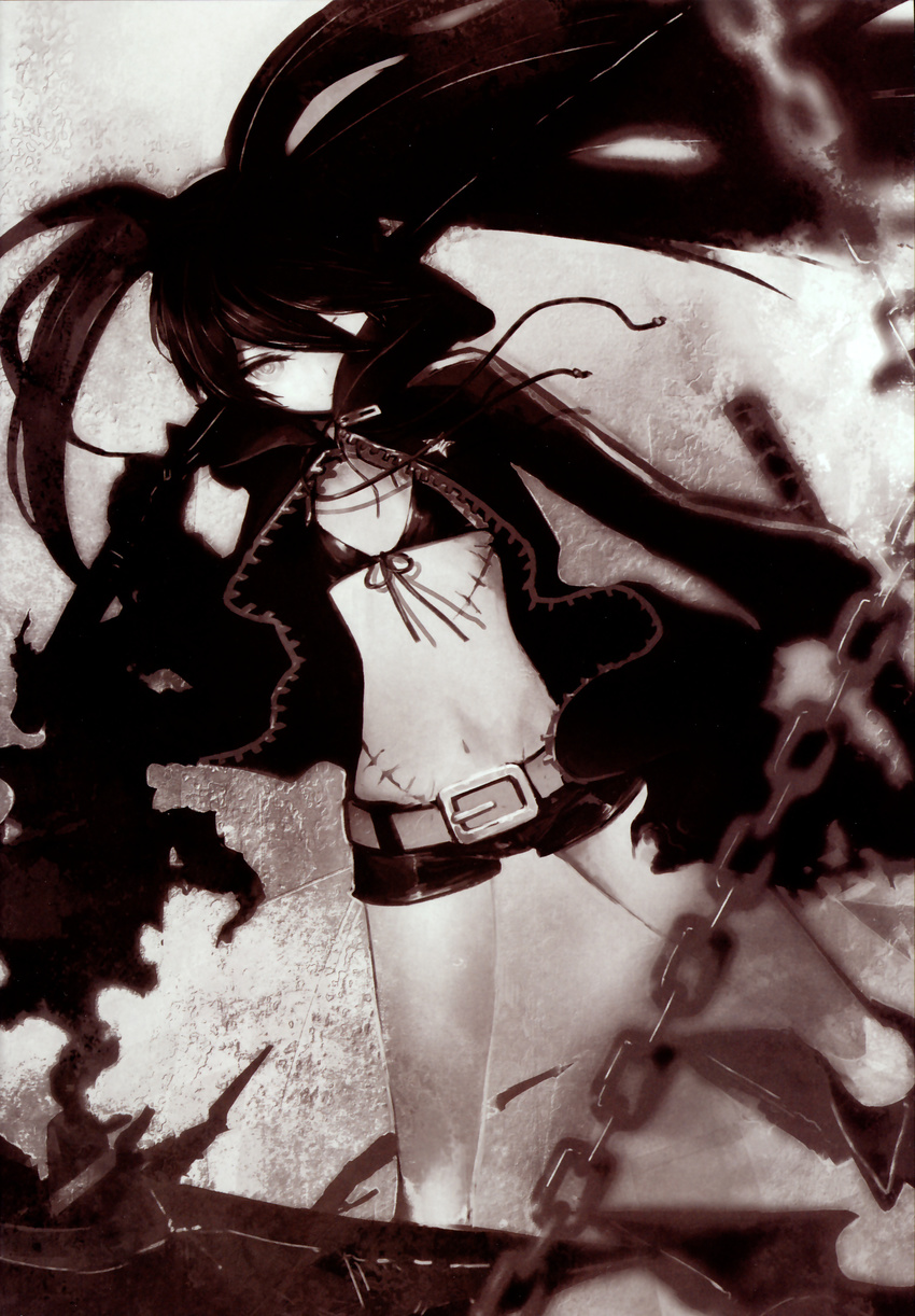 absurdres black_hair black_rock_shooter black_rock_shooter_(character) front-tie_top highres huke katana long_hair scar short_shorts shorts solo sword twintails weapon white_eyes