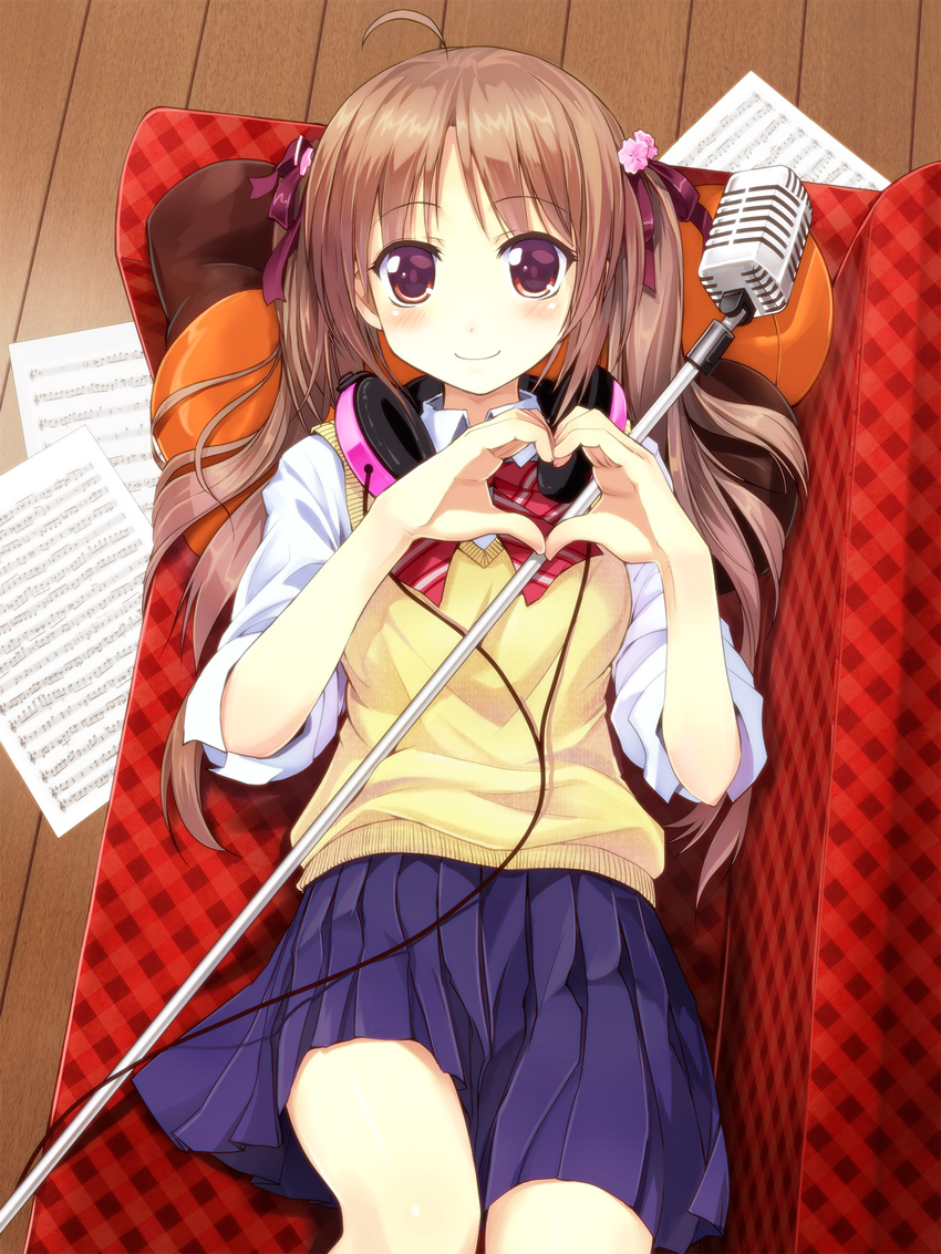 ahoge amagai_tarou bangs beamed_eighth_notes blush brown_eyes brown_hair couch eighth_note eighth_rest eyebrows_visible_through_hair flat_sign from_above hair_ribbon half_rest headphones headphones_around_neck heart heart_hands highres long_hair looking_at_viewer lying microphone microphone_stand musical_note on_back original pleated_skirt quarter_rest ribbon school_uniform sharp_sign sheet_music skirt smile solo sweater_vest time_signature treble_clef twintails