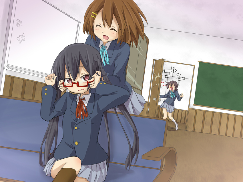 bespectacled black_hair blazer blood blush borrowed_garments brown_hair chalkboard classroom closed_eyes eyewear_switch glasses hair_ornament hairclip hamioura highres hirasawa_yui jacket k-on! kneehighs long_hair manabe_nodoka multiple_girls nakano_azusa nodoka_glasses nosebleed red-framed_eyewear red_eyes school_uniform semi-rimless_eyewear short_hair skirt smile ton-chan twintails under-rim_eyewear walk-in wavy_mouth whiteboard