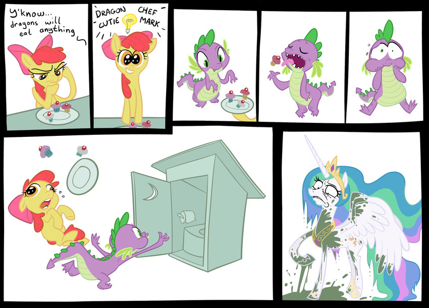 apple_bloom_(mlp) applebloom_(mlp) bow comic crown cub cupcake cupcakes cutie_mark dragon equine female feral friendship_is_magic fxcellent green_eyes hair horn horns horse humor humour lightbulb male mammal multi-colored_hair my_little_pony outhouse pink_hair plain_background plate pony poo princess princess_celestia_(mlp) rainbow_hair royalty scalie spike_(mlp) toilet_paper vomit white_background winged_unicorn wings young