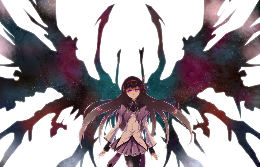 akemi_homura bad_id bad_pixiv_id banned_artist black_hair hair_ribbon highres magical_girl mahou_shoujo_madoka_magica melting_scarlet pantyhose purple_eyes ribbon smile solo spoilers wings