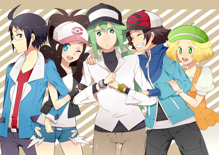 2girls 3boys ahoge arm_grab baseball_cap bel_(pokemon) bell_(pokemon) beret black_(pokemon) black_hair blonde_hair blue_eyes brown_hair cheren_(pokemon) closed_eyes dress everyone eyes_closed glasses green_eyes green_hair grin group hat highres hug long_hair multiple_boys multiple_girls n_(pokemon) open_mouth pokemon pokemon_(game) pokemon_black_and_white pokemon_bw ponytail shin_chan short_hair shorts smile tomboy touko_(pokemon) touya_(pokemon) white_(pokemon) wink