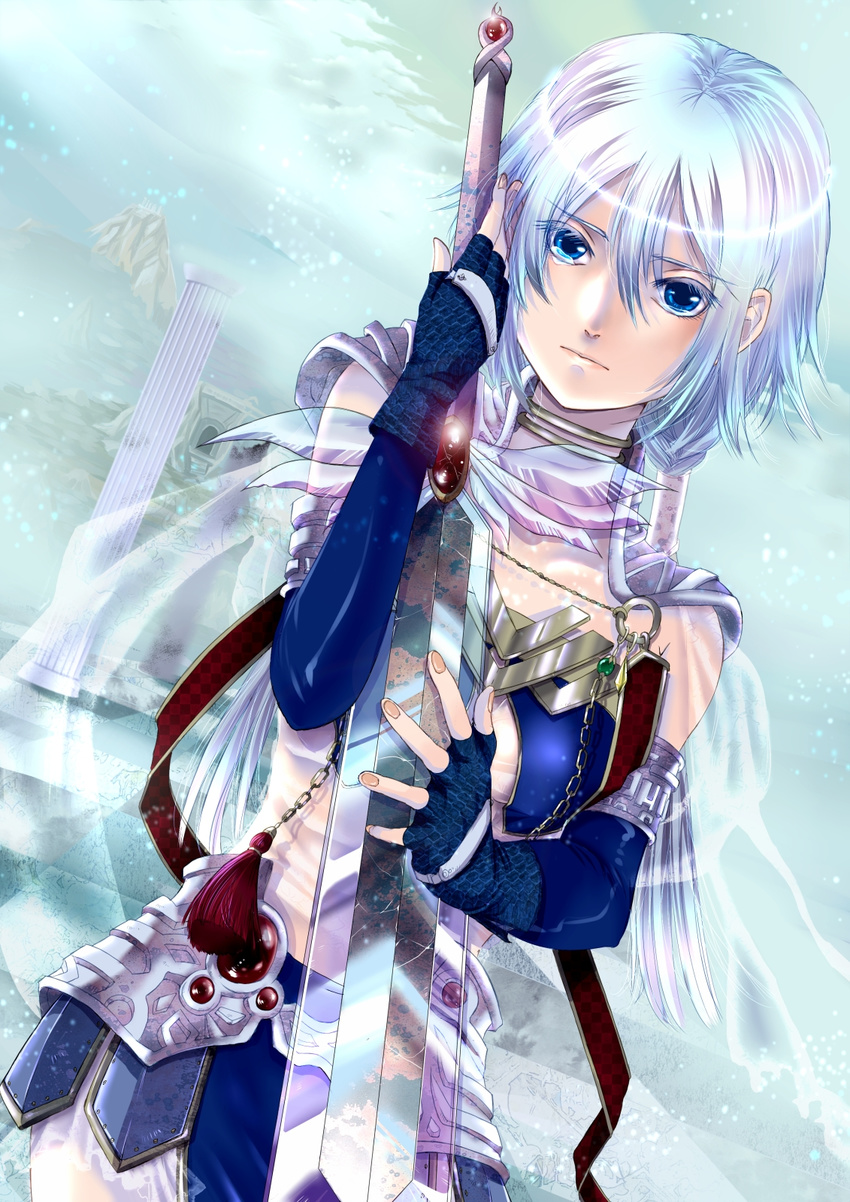 bad_id bad_pixiv_id blue_eyes colored_eyelashes dutch_angle eyelashes fantasy fingerless_gloves gloves highres jewelry neck_ring original see-through short_hair silver_hair solo sword time-flies weapon