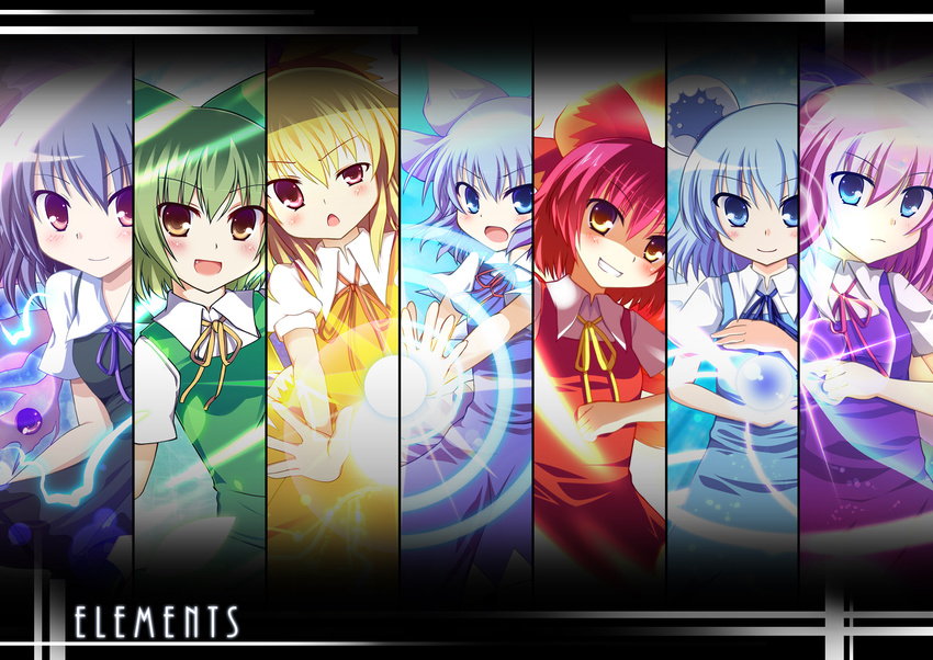 achi_cirno alternate_color alternate_element ascot bad_id bad_pixiv_id blue_eyes blue_hair bow cirno column_lineup dress fujisaki_kaon hair_bow hapa_cirno highres ikazu_cirno mizu_cirno multiple_girls ribbon short_hair smile touhou wings