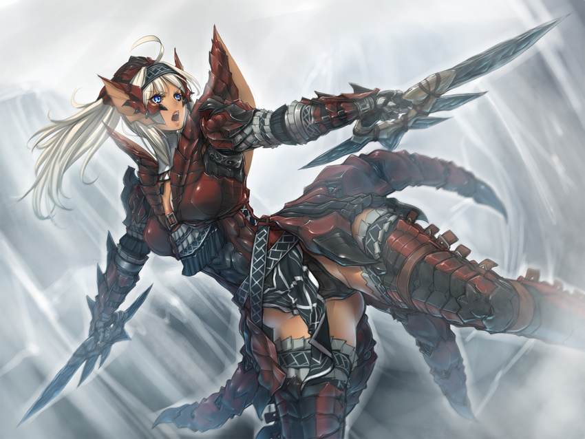 action armor attack blue_eyes boots cold dual_wielding fighting_stance gauntlets hayama_kazusa holding ice long_hair monster_hunter open_mouth pose rathalos_(armor) solo sword vambraces weapon white_hair