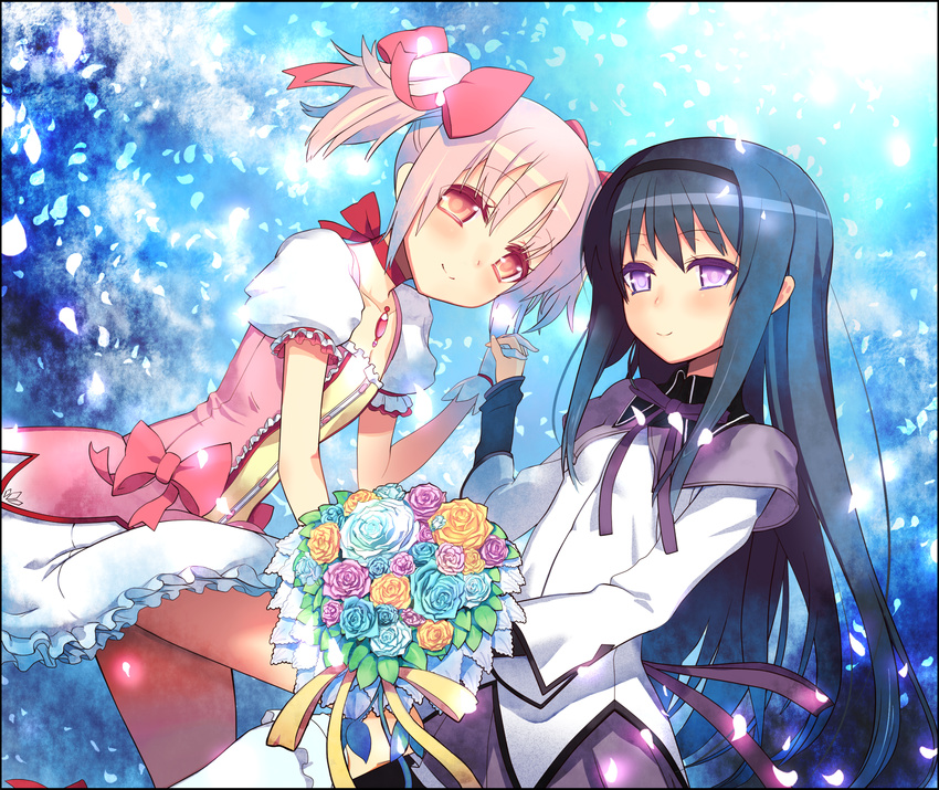 akemi_homura black_hair blue blue_flower blue_rose blush bouquet choker flower gloves hairband highres holding_hands kaname_madoka light_smile long_hair magical_girl mahou_shoujo_madoka_magica makaroni multiple_girls pantyhose petals pink_eyes pink_hair puffy_sleeves purple_eyes purple_flower purple_rose red_choker rose short_hair twintails white_gloves yellow_flower yellow_rose