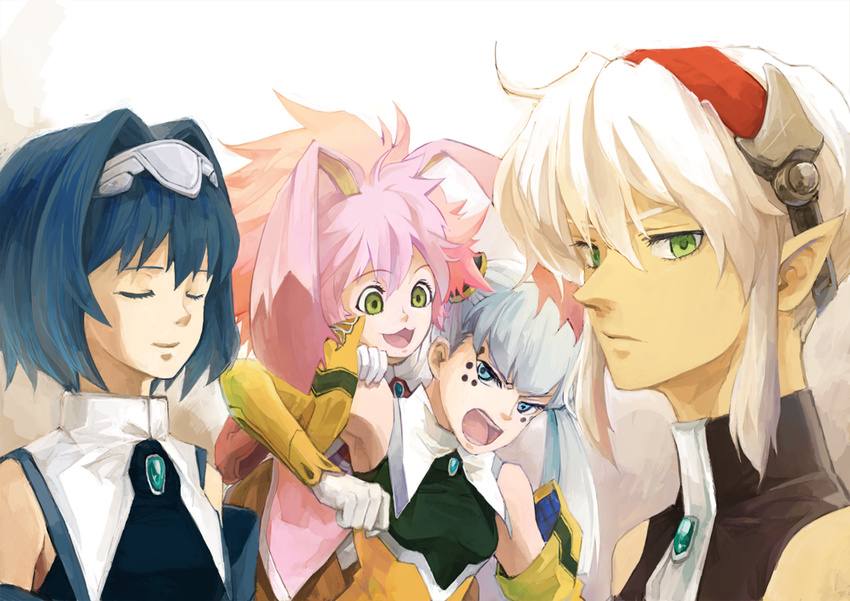 :3 aa_kuro angry animal_ears blue_eyes blue_hair bunny_ears closed_eyes detached_sleeves dominia_yizkor facial_tattoo green_eyes grey_hair hairband kelvena_(xenogears) multiple_girls pink_hair pointy_ears seraphita_(xenogears) short_hair sidelocks tattoo tolone_(xenogears) twintails white_hair xenogears