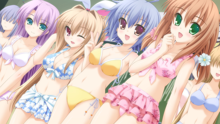 aogiri_kotono brown_hair canvas_4 cleavage game_cg green_eyes kannon_ouji konohana_madoka red_eyes saginomiya_tsumugi swimsuit wink