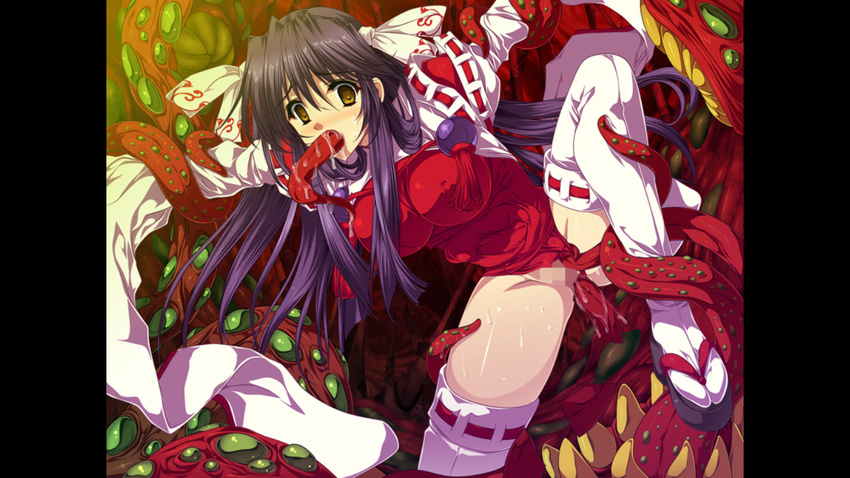 1girl all_the_way_through censored game_cg intestine_bulge japanese_clothes long_hair miko monster purple_hair pussy restrained sex stomach_bulge tamiya_akito tentacle thighhighs yellow_eyes zanjibaru