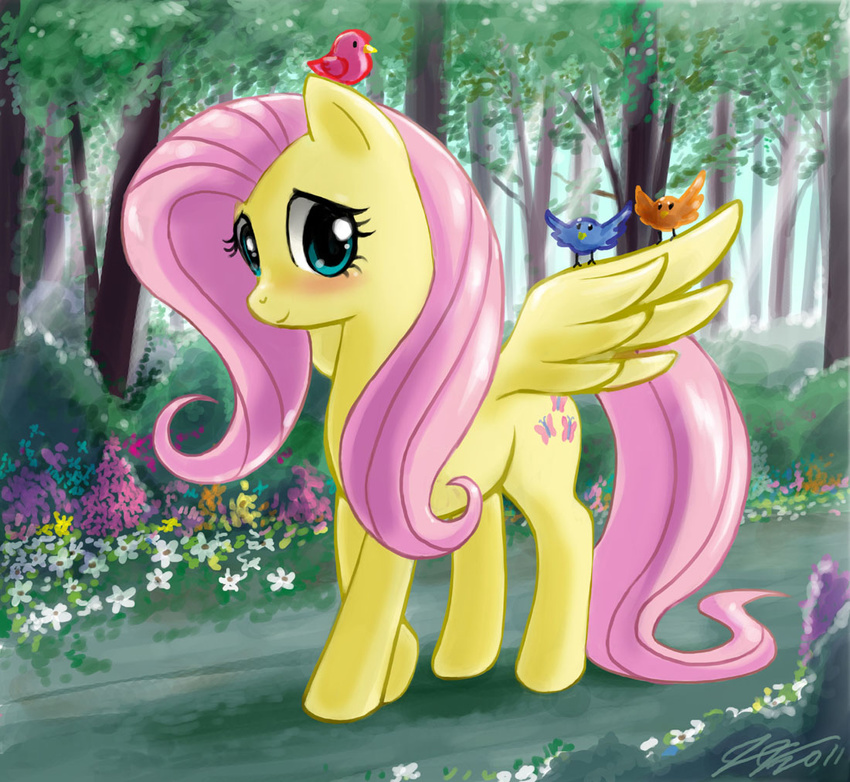 bird blush cutie_mark equine female feral flower flowers fluttershy_(mlp) friendship_is_magic horse john_joseco mammal my_little_pony outside pegasus pony solo unknown_artist walking wings