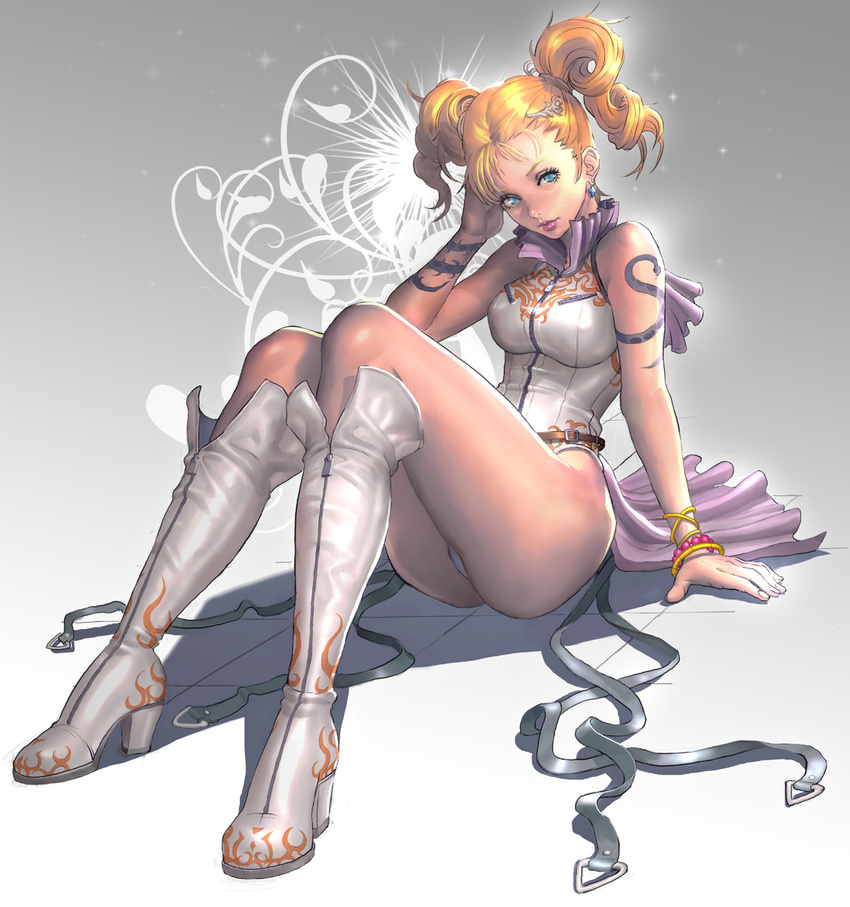 ass bad_id bad_pixiv_id belt blonde_hair blue_eyes boots bracelet breasts curly_hair earrings hair_ornament hairpin high_heels highres jewelry kilart knee_boots legs lips long_legs medium_breasts original panties pantyshot pantyshot_(sitting) shoes short_hair short_twintails sitting solo sparkle tattoo thighs twintails underwear