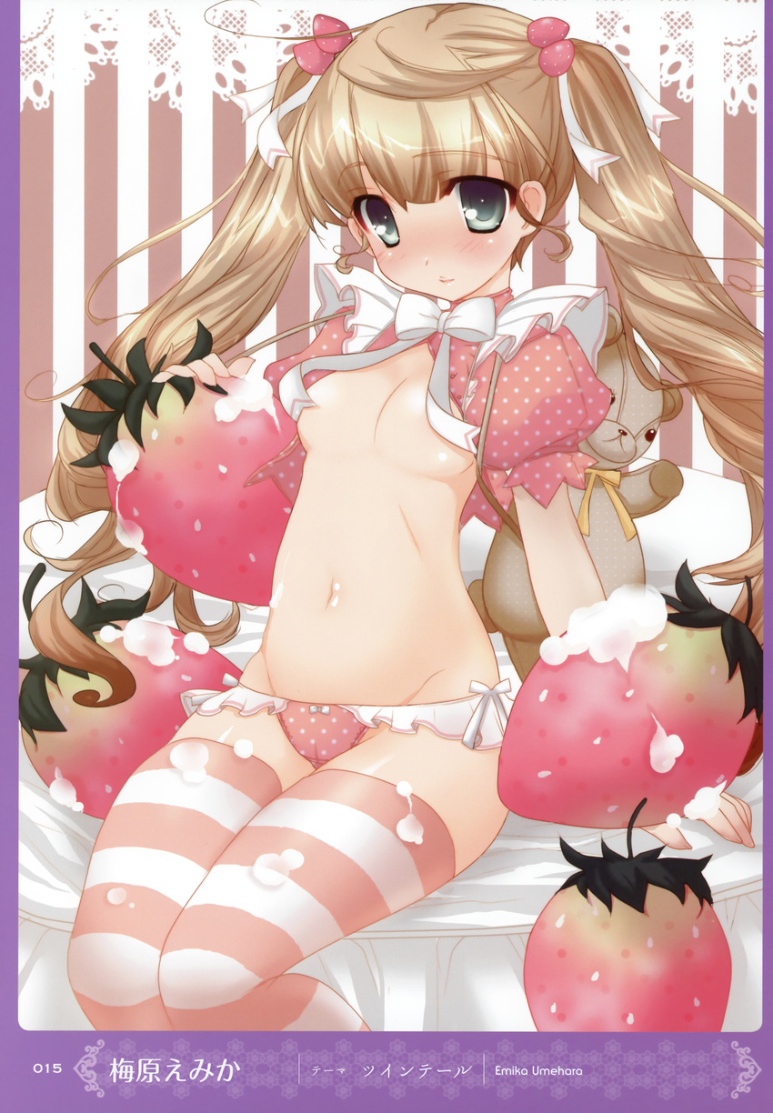 1girl absurdres blonde_hair blush bow bow_panties breasts censored convenient_censoring food fruit green_eyes highres long_hair navel no_bra original panties pink_legwear sitting solo strawberry striped striped_legwear stuffed_animal stuffed_toy teddy_bear thighhighs twintails umehara_emika underwear very_long_hair