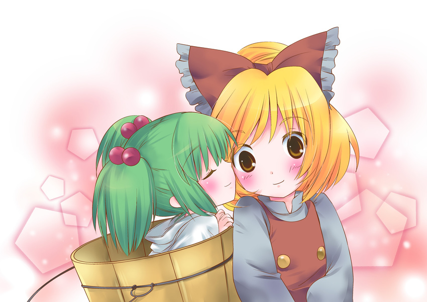 2girls blonde_hair blush brown_eyes green_hair kisume kurodani_yamame ogakuru short_hair touhou twintails