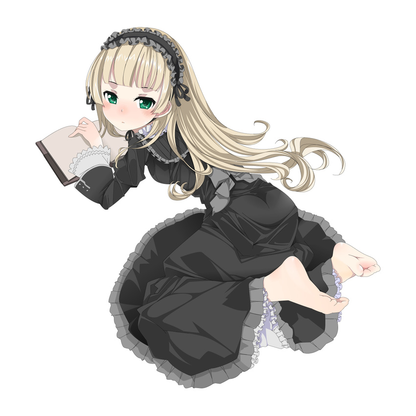 barefoot black_dress blonde_hair blush book dress feet frills full_body gosick gothic_lolita green_eyes highres kazuha_nanako lolita_fashion long_hair looking_back simple_background soles solo toe_scrunch victorica_de_blois white_background