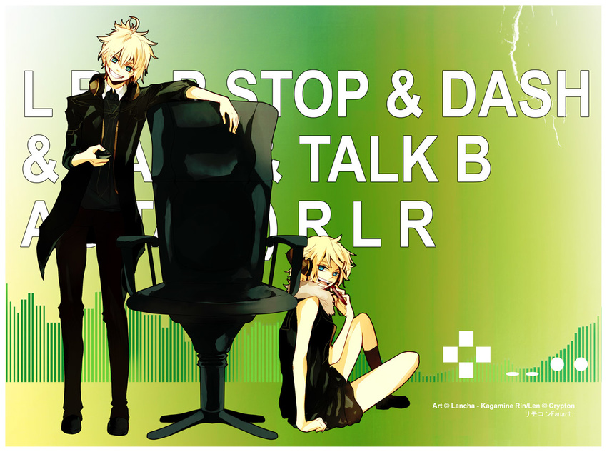 1girl blonde_hair brother_and_sister chair controller famicom formal game_console game_controller gamepad hair_ornament hairclip headphones headphones_around_neck kagamine_len kagamine_rin lancha necktie remote_control rimocon_(vocaloid) short_hair siblings suit twins vocaloid