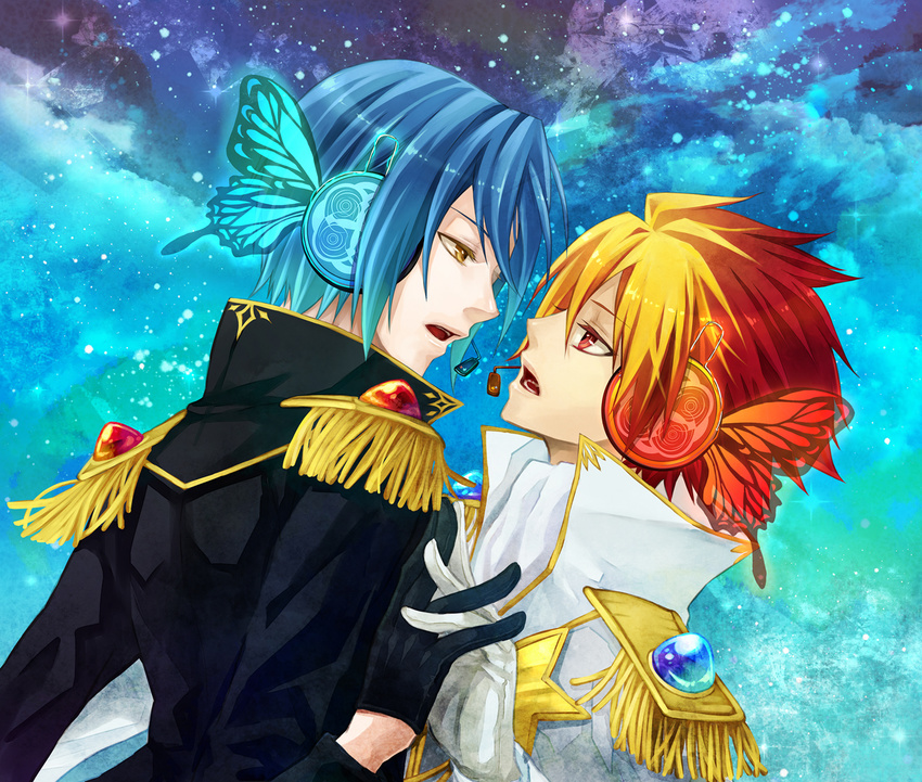 bad_id bad_pixiv_id black blonde_hair blue blue_background butterfly_hair_ornament butterfly_wings epaulettes eye_contact face-to-face gloves hair_ornament headphones highres looking_at_another magnet_(vocaloid) multicolored_hair multiple_boys open_mouth red_eyes red_hair shindou_sugata star_driver tsunashi_takuto twilightend two-tone_hair vocaloid white wings yellow_eyes