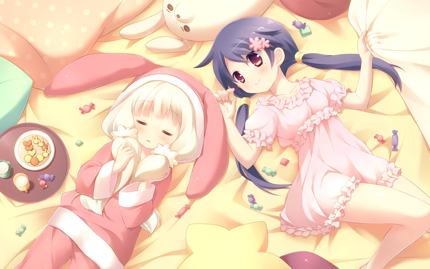 bangs blunt_bangs blush cafe_sourire candy closed_eyes collarbone food highres lying multiple_girls ogiwara_kyouko on_back on_bed pajamas sleeping smile suimya swept_bangs twintails yukishita_miyuri