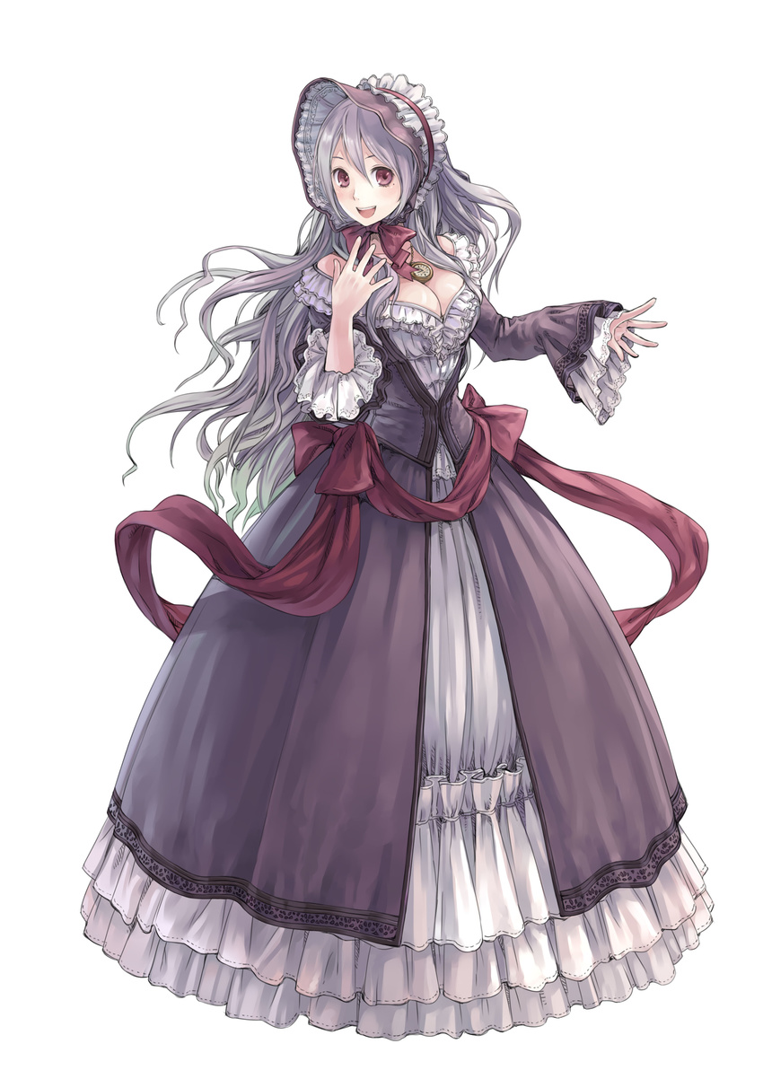 absurdres atelier_(series) atelier_rorona blush bonnet bow breasts cleavage dress frills full_body grey_hair highres jewelry kishida_mel long_hair long_sleeves medium_breasts mole necklace official_art open_mouth pamela_ibiss red_eyes simple_background solo standing victorian