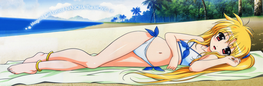 absurdres anklet beach bikini blonde_hair dakimakura fate_testarossa flat_chest full_body highres jewelry long_hair long_legs lying lyrical_nanoha mahou_shoujo_lyrical_nanoha mahou_shoujo_lyrical_nanoha_the_movie_1st navel official_art okuda_yasuhiro red_eyes sand side-tie_bikini solo swimsuit towel twintails very_long_hair