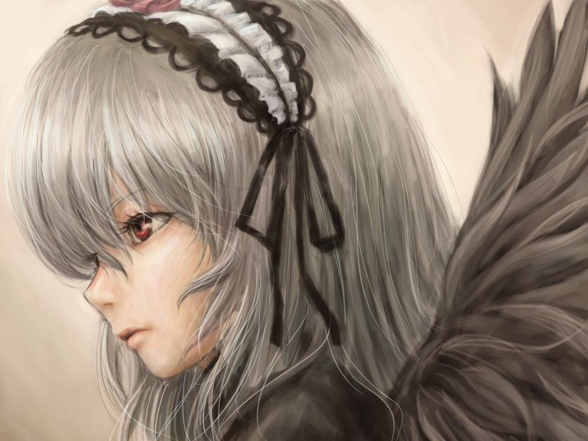 face hairband highres long_hair profile realistic red_eyes rozen_maiden silver_hair solo suigintou tsun_(tsutaya01) wallpaper wings