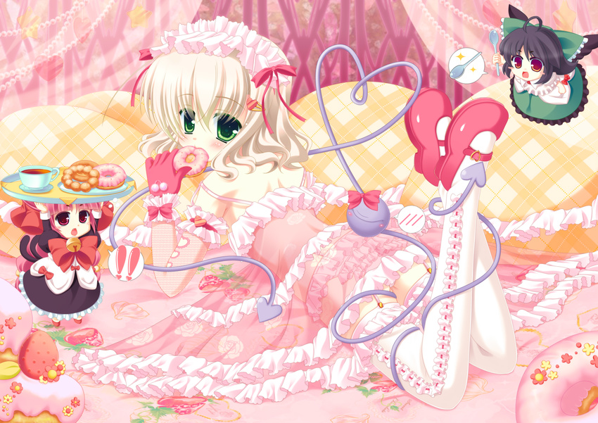 absurdres alternate_costume animal_ears blonde_hair bow braid cake cat_ears cat_tail chibi cup doughnut eyeball food fruit gloves green_eyes hair_bow hairband highres kaenbyou_rin komeiji_koishi long_hair mary_janes multiple_girls multiple_tails red_eyes red_hair reiuji_utsuho shoes short_hair strawberry sushi_maru tail tea teacup thighhighs third_eye touhou twin_braids twintails white_legwear wings