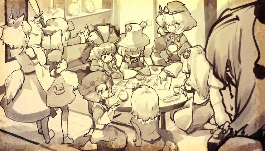 aki_minoriko aki_shizuha highres inubashiri_momiji kagiyama_hina kawashiro_nitori kochiya_sanae monochrome moriya_suwako mountain_of_faith multiple_girls sepia shameimaru_aya tcmk touhou yasaka_kanako