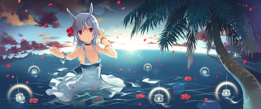 :d adjusting_hair afloat afloat_lantern animal_ears armpits blue_hair bracelet breasts candle choker cleavage cloud day dj_max dj_max_portable dress flower h2so4 hair_flower hair_ornament hibiscus highres jewelry leaf lens_flare long_hair medium_breasts no_bra open_mouth outdoors outstretched_arm outstretched_hand petals red_eyes sideboob sky smile solo standing suee sunset swimsuit wading water wet wet_clothes