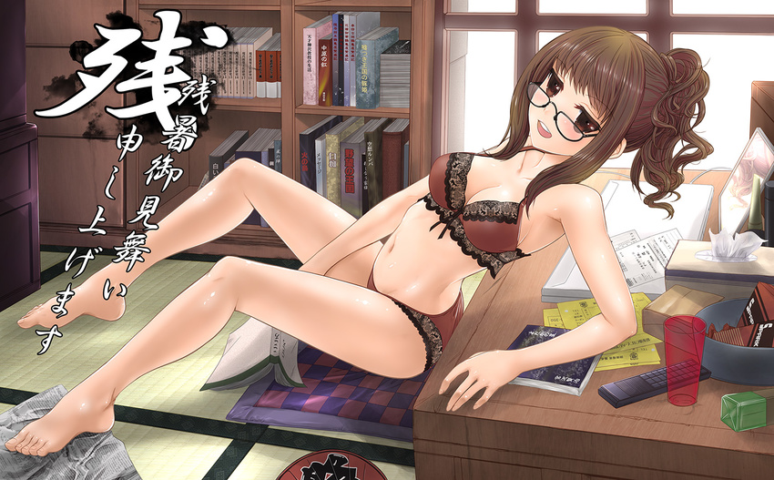 arm_support barefoot book bra breasts brown_eyes brown_hair feet frills glasses kazu kikuko_(kazu) legs lingerie medium_breasts messy_room navel original panties ponytail reflection sitting solo tatami underwear underwear_only