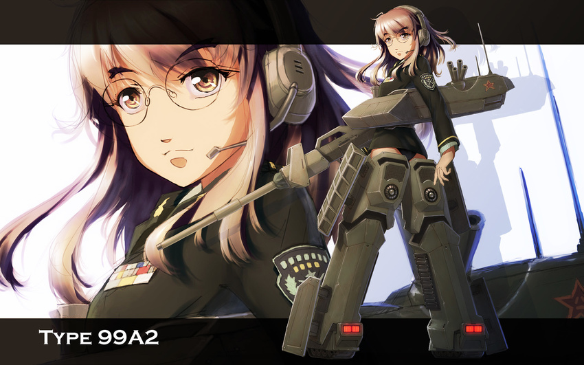 black_panties brown_eyes brown_hair ericsakura from_behind glasses headset highres mecha_musume military military_uniform original panties people's_liberation_army solo type_99_tank_(personification) underwear uniform