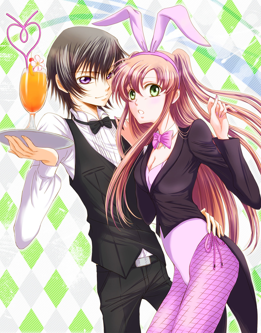 1girl animal_ears black_hair breasts brown_hair bunny_ears bunnysuit cleavage code_geass fishnet_pantyhose fishnets green_eyes hand_on_another's_hip hand_on_another's_shoulder highres lelouch_lamperouge leotard looking_at_viewer medium_breasts open_mouth pantyhose purple_eyes shirley_fenette smile suzuna_(kiss_log)