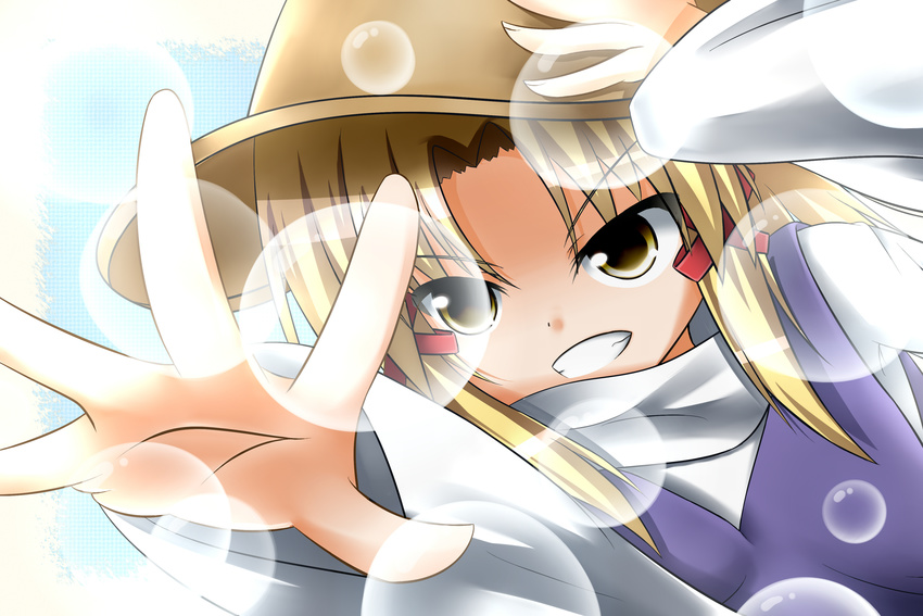 absurdres blonde_hair bubble foreshortening grin hair_ribbon hand_on_headwear hat highres moriya_suwako nar outstretched_hand ribbon short_hair smile solo touhou yellow_eyes