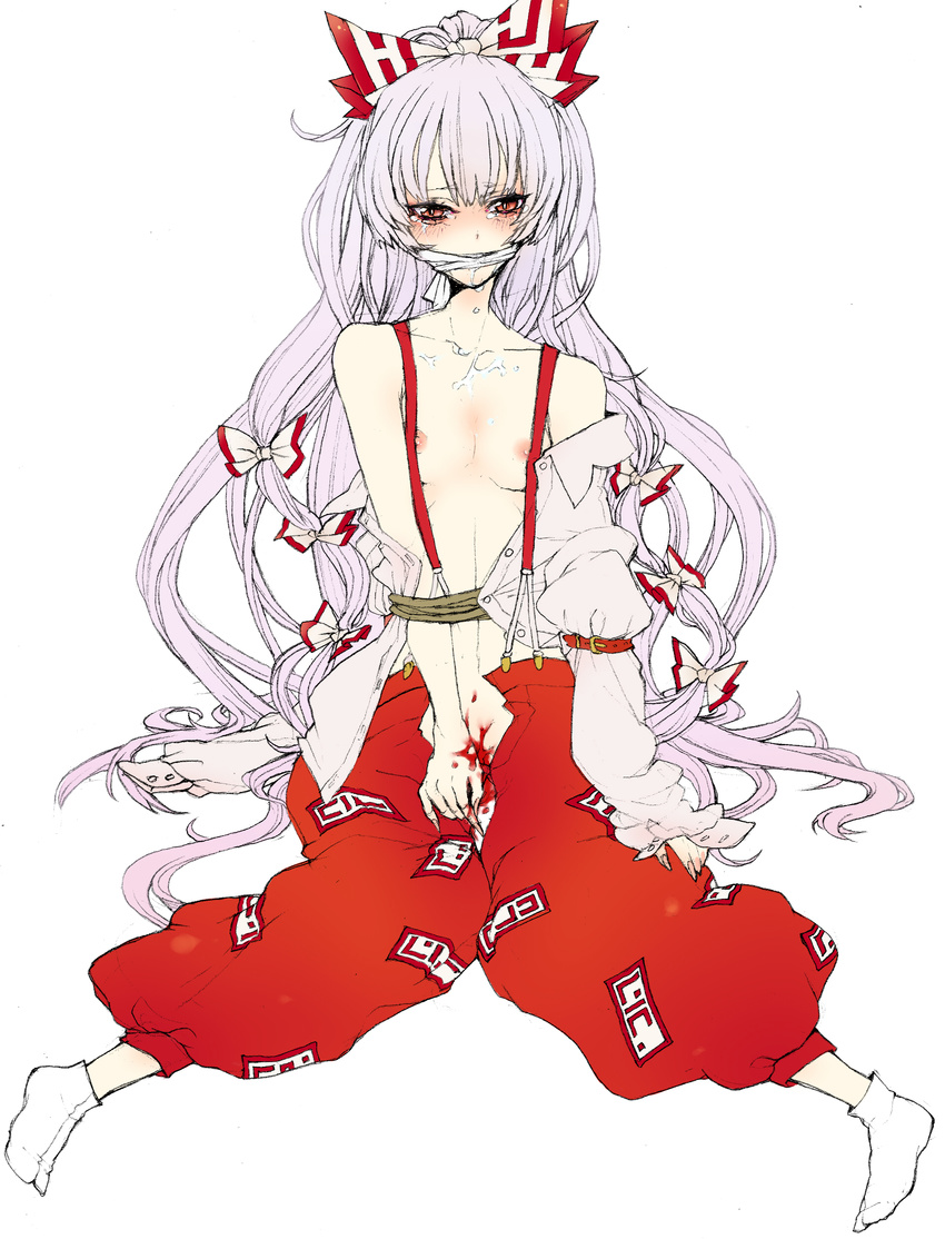 absurdres bad_id bad_pixiv_id bare_shoulders blood bow breasts collarbone dress_shirt fujiwara_no_mokou gagged hair_bow highres long_hair long_sleeves menstruation nipples off_shoulder open_clothes open_pants open_shirt pants red_eyes saliva shirt sketch small_breasts solo suspenders tabi tears touhou very_long_hair white_hair yutsumoe