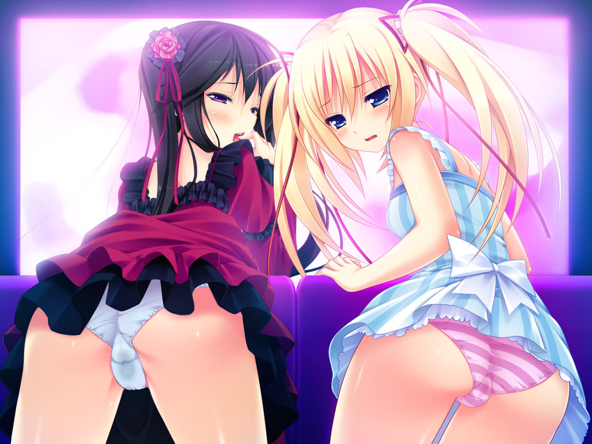 2girls black_hair blonde_hair blush game_cg highres looking_back mecha_con! multiple_girls panties twintails underwear