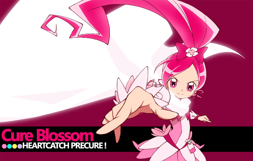 bow cape character_name copyright_name cure_blossom eyelashes glowing hanasaki_tsubomi heartcatch_precure! magical_girl pink pink_background pink_bow pink_eyes pink_hair precure skirt solo souji