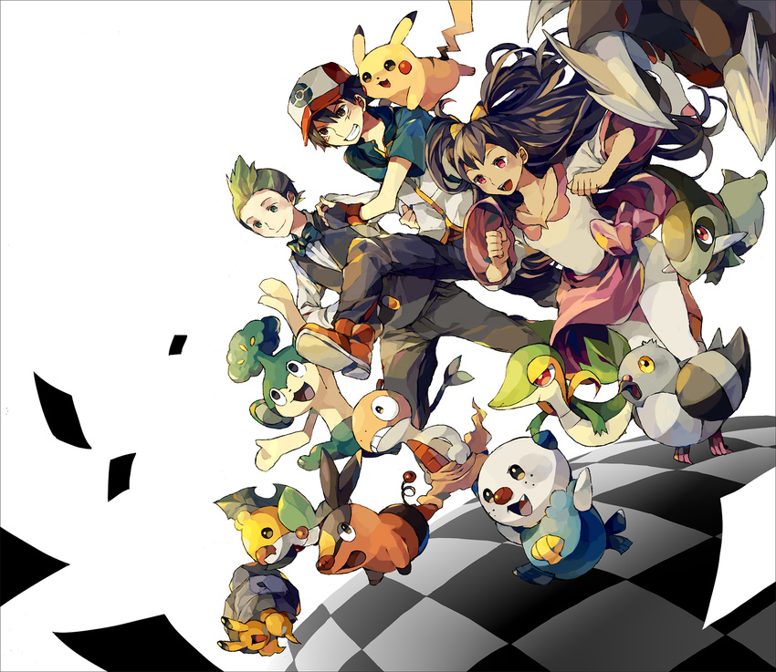 2boys axew baseball_cap black_hair border bow bowtie brown_eyes checkered checkered_floor clenched_hands dark_skin dent_(pokemon) dwebble excadrill fingerless_gloves gen_1_pokemon gen_5_pokemon gloves green_eyes green_hair grin hair_bow hat highres iris_(pokemon) long_hair multiple_boys open_mouth oshawott pansage pidove pikachu pokemon pokemon_(anime) pokemon_(creature) pokemon_bw_(anime) red_eyes running satoshi_(pokemon) scraggy sewaddle short_hair smile snivy tepig tuxedo yuuichi_(bobobo)