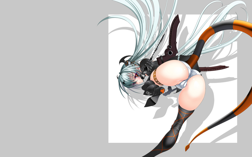 alice_(queen's_gate) ass bat boots butthole cameltoe garter gloves gun inagaki long_hair looking_back nitroplus panties queen's_blade queen's_gate red_eyes tail thighhighs underwear weapon white_hair wings
