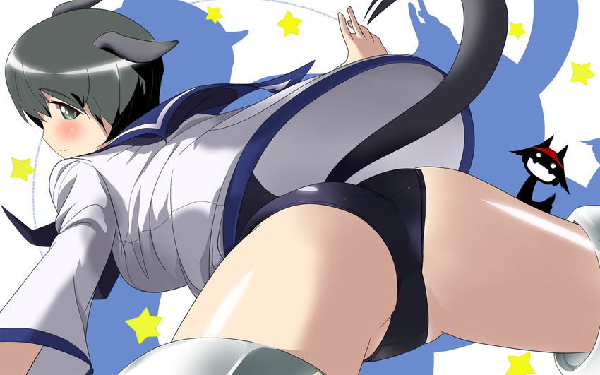 animal_ears ass black_hair blush cosplay green_eyes highres kanchou_(karaja) looking_back luciana_mazzei miyafuji_yoshika miyafuji_yoshika_(cosplay) object_on_head panties panties_on_head sailor school_swimsuit shiny shiny_skin short_hair silhouette_demon solo spread_legs strike_witches swimsuit swimsuit_under_clothes tail underwear wardrobe_error world_witches_series