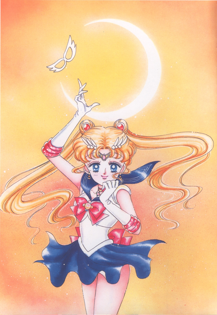 90s back_bow bishoujo_senshi_sailor_moon blonde_hair blue_eyes blue_sailor_collar blue_skirt bow choker crescent_moon double_bun earrings elbow_gloves gloves hair_ornament hairpin highres jewelry long_hair magical_girl mask moon official_art red_bow ribbon sailor_collar sailor_moon sailor_senshi_uniform scan skirt smile solo takeuchi_naoko tiara tsukino_usagi white_gloves