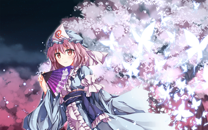 bad_id bad_pixiv_id banned_artist bug butterfly cherry_blossoms fan folding_fan ghost hat hexagon highres insect japanese_clothes light_particles looking_at_viewer petals pink_eyes pink_hair saigyouji_yuyuko saigyouji_yuyuko's_fan_design solo toshizaki_shouma touhou tree wallpaper