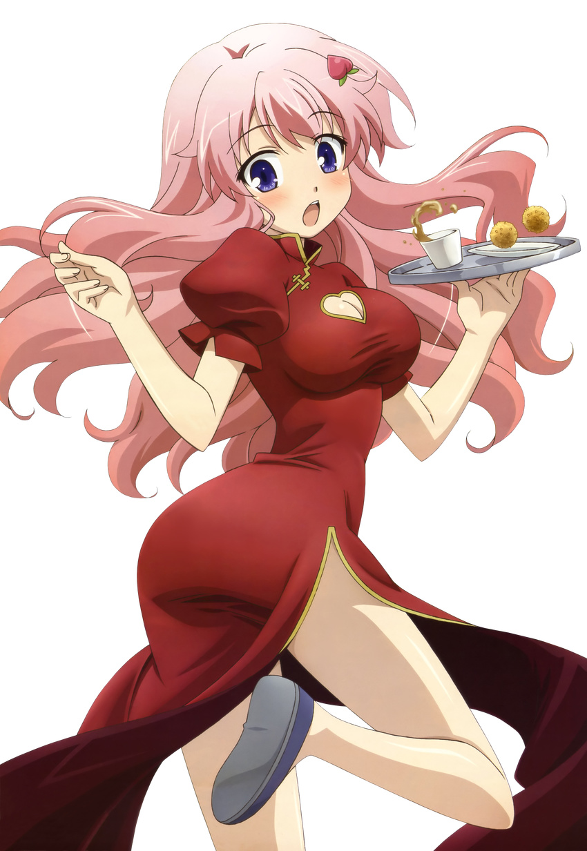 1girl absurdres ass bad_anatomy baka_to_test_to_shoukanjuu blue_eyes blush breasts busty china_dress chinese_clothes cleavage cleavage_cutout dress drink extraction female food hair_ornament hairclip highres himeji_mizuki legs long_hair open_mouth photoshop pink_hair render simple_background solo thighs