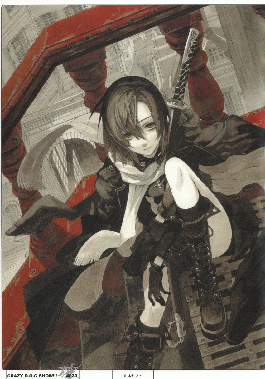 absurdres black_eyes black_hair boots cross-laced_footwear dogs:_bullets_&amp;_carnage fuyumine_naoto gloves highres katana knee_up lace-up_boots scan scarf sitting solo sword weapon yamamoto_yamato