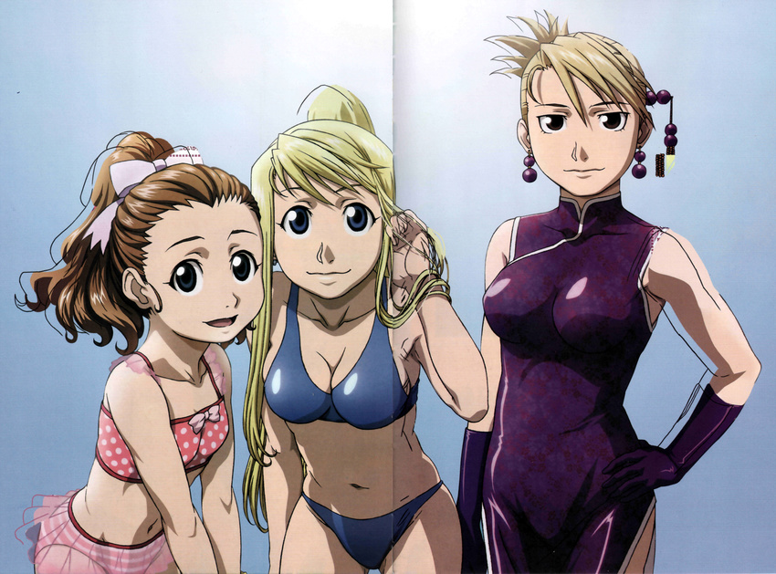 3girls absurdres bare_shoulders bikini black_eyes blonde_hair blue_eyes breasts brown_eyes brown_hair china_dress chinese_clothes chinese_dress cleavage dress earrings elbow_gloves flat_chest fullmetal_alchemist gloves hair_ornament hand_on_hips highres jewelry long_hair looking_at_viewer multiple_girls navel ponytail riza_hawkeye scan short_hair simple_background smile standing swimsuit winry_rockbell