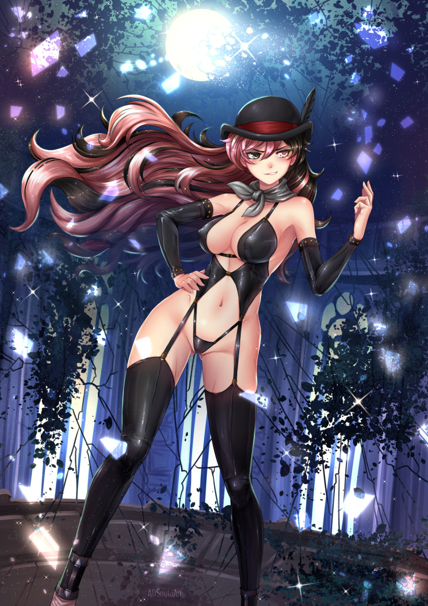 1girl adsouto bangs blush breasts broken_moon brown_eyes brown_hair cleavage eyebrows_visible_through_hair hair_between_eyes hat heterochromia highres leather long_hair medium_breasts moon multicolored_hair navel neo_(rwby) pink_eyes pink_hair rwby smile tag two-tone_hair white_eyes white_hair