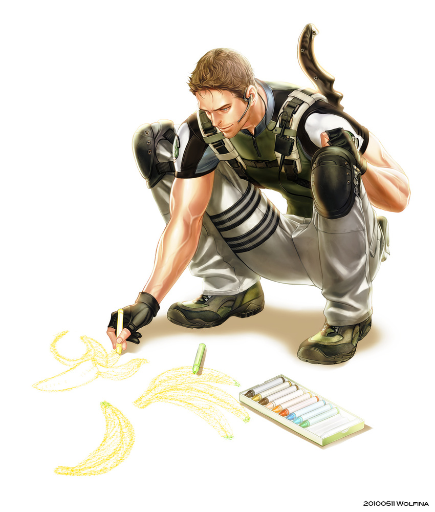 banana chris_redfield crayon drawing fingerless_gloves food fruit gloves highres male_focus resident_evil resident_evil_5 solo wolfina