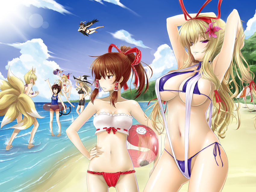 adjusting_hair animal_ears armpits arms_behind_head arms_up ass_visible_through_thighs ball bandeau barefoot beach beach_umbrella beachball bikini black_hair black_wings blonde_hair blood blush breasts brown_hair cat_ears cat_tail chen cleavage clenched_hand cloud day fang flower flying fox_ears fox_tail fundoshi gap gourd groin hair_flower hair_ornament hair_ribbon hakurei_reimu hand_on_hip hat highres ibuki_suika innertube japanese_clothes kirisame_marisa large_breasts layered_bikini lens_flare multiple_girls multiple_tails name_tag navel nekomata nosebleed ocean okitakung one-piece_swimsuit outdoors paparazzi ribbon school_swimsuit seductive_smile shameimaru_aya side-tie_bikini sky slingshot_swimsuit smile string_bikini swimsuit tail touhou umbrella underboob wading water wings witch_hat yakumo_ran yakumo_yukari