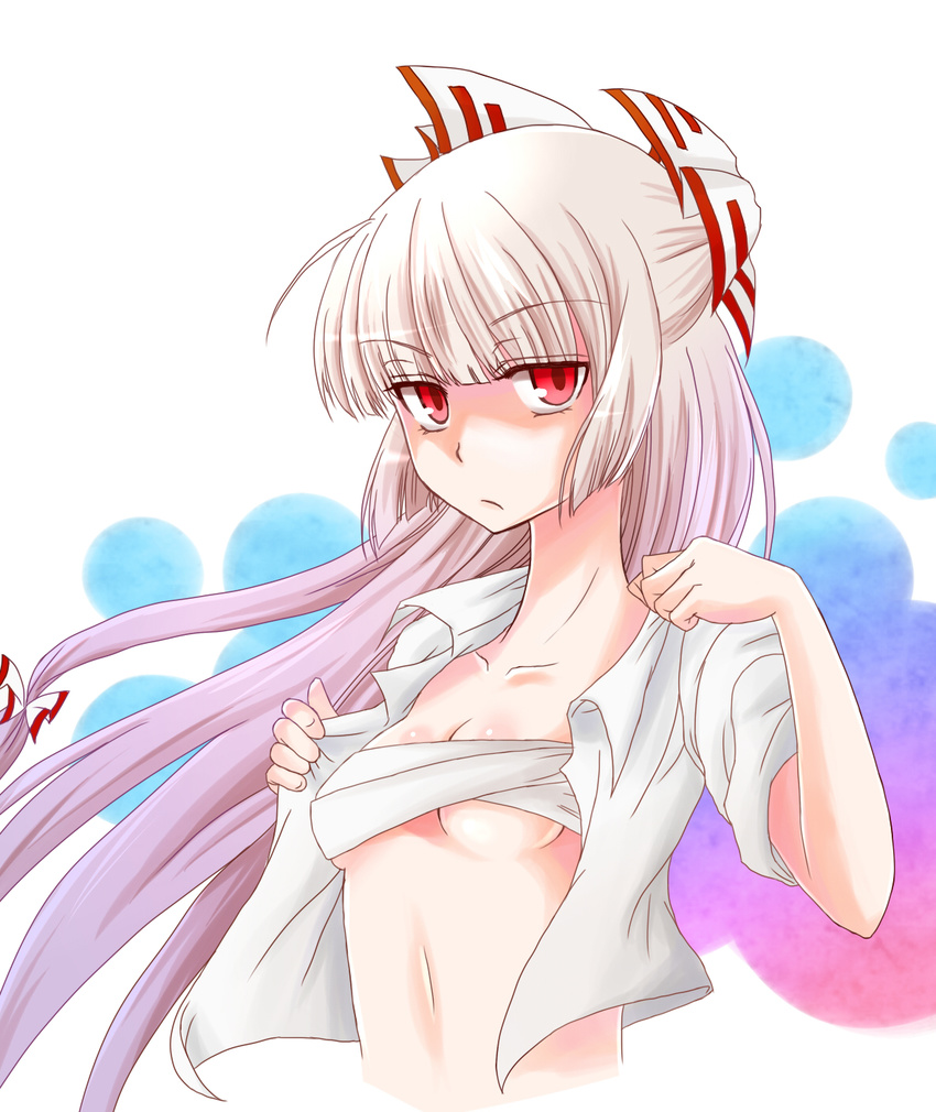 bow budget_sarashi creamy_mamiwo fujiwara_no_mokou gradient_hair hair_bow highres long_hair midriff multicolored_hair navel open_clothes open_shirt red_eyes sarashi shirt sidelocks solo touhou undressing upper_body white_shirt