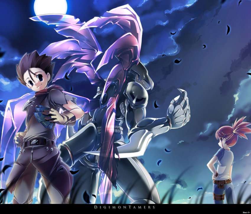 1girl =3= akiyama_ryou bad_id bad_pixiv_id belt blurry card cloud copyright_name cyberdramon depth_of_field digimon digimon_tamers from_behind full_moon gloves hand_on_hip highres holding holding_card looking_back makino_ruki moon moonlight night pants petals ponytail sky thigh_strap twilight